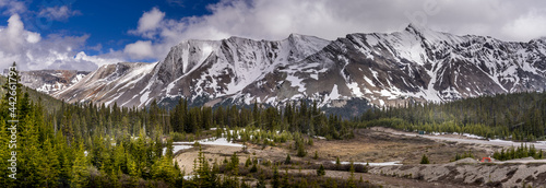 Panorama Photo of the snow covered peaks of Parker Ridge along the Icefields Parkway in Jasper National Park, Alberta, Canada