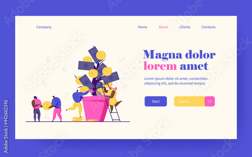 Investors growing revenue tree. Business people taking care about huge cash plant in pot. Investing money metaphor vector illustration. Finance, prosperity, financial growth concept