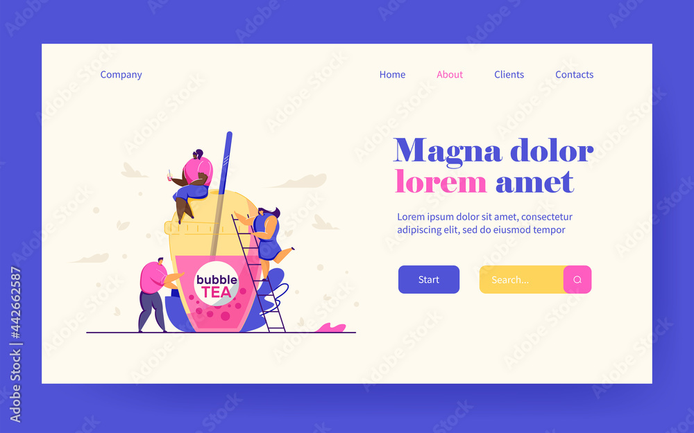 Tiny people with plastic cup of bubble tea. Black girl sitting on top of cup and drinking beverage, woman climbing ladder, man standing beside. Bubble tea, business concept for banner or background Tiny people with plastic cup of bubble tea. Black girl sitting on top of cup and drinking beverage, woman climbing ladder, man standing beside. Bubble tea, business concept for banner or background