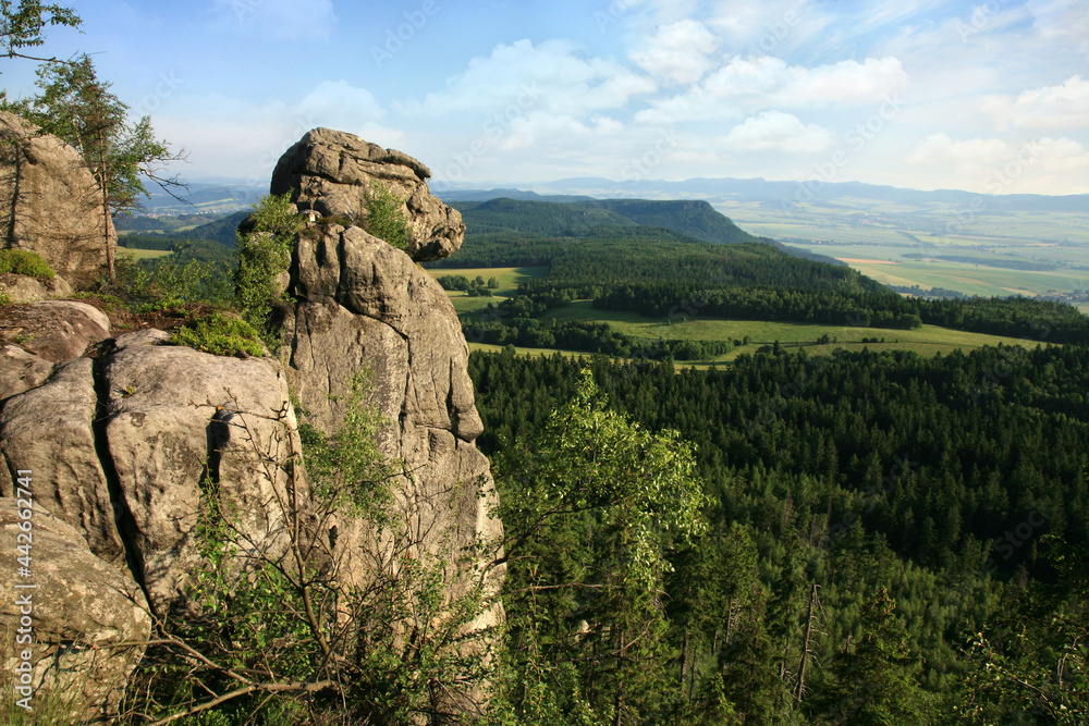 The Ape is the most famous rock formation in the Table Mountains, Stolowe Mountains in Poland. 
View from the Great Szczeliniec, Szczeliniec Wielki the highest peak of the Stolowe Mountains to Czech 