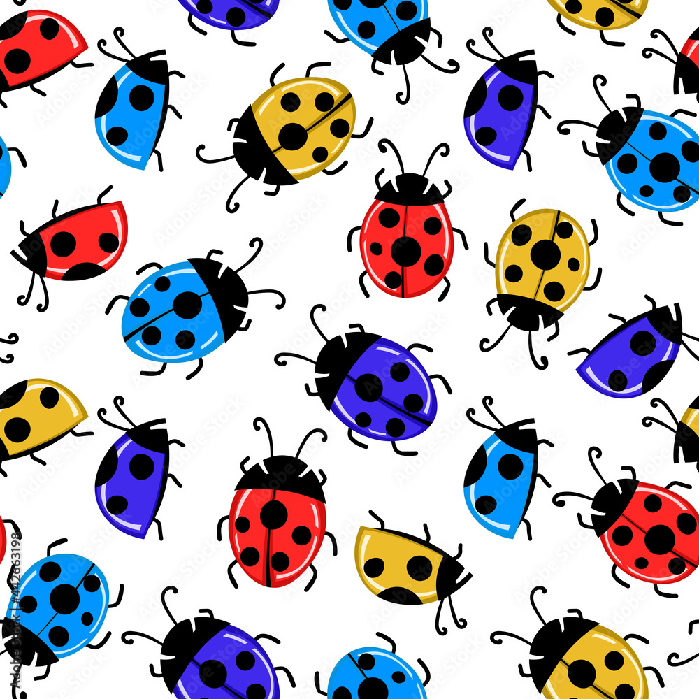 Fashion animal seamless pattern with colorful ladybird on white background. Cute holiday illustration with ladybags for baby. Design for invitation, poster, card, fabric, textile Fashion animal seamless pattern with colorful ladybird on white background. Cute holiday illustration with ladybags for baby. Design for invitation, poster, card, fabric, textile