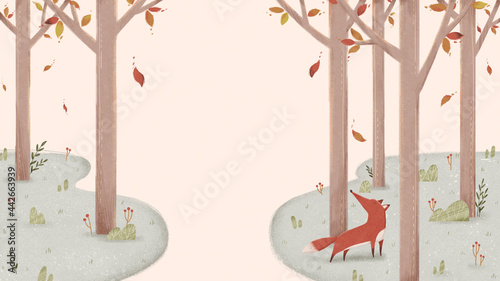秋の森とキツネ、手描きの背景イラスト photo