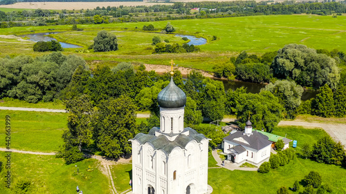 Russia, Bogolyubovo. Aerial view of Church of the Intercession on the Nerl. Orthodox church and a symbol of medieval Russia, Aerial View photo