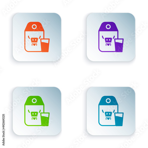 Color Paper package for milk and glass icon isolated on white background. Milk packet sign. Set colorful icons in square buttons. Vector