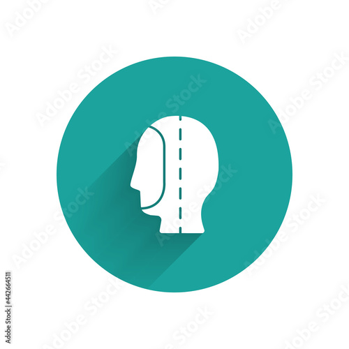 White Diving hood icon isolated with long shadow. Spearfishing hat winter swim hood. Diving underwater equipment. Green circle button. Vector