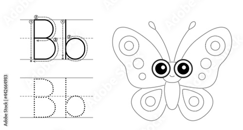 Trace the letter and picture and color it. Educational children tracing game. Coloring alphabet. Letter B and funny cartoon Butterfly