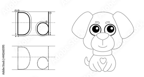 Trace the letter and picture and color it. Educational children tracing game. Coloring alphabet. Letter D and funny dog