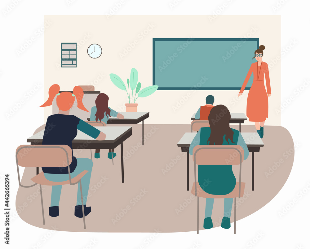 Students sitting in classroom and listen to the lecture of teacher. Lesson time. Back to school. Editable vector illustration