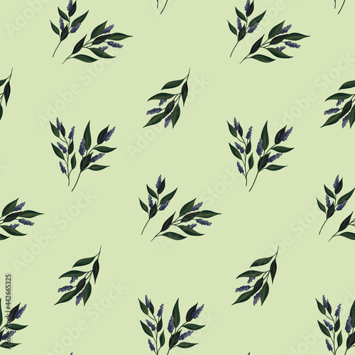Botanical seamless pattern with vintage herbs. Abstract composition of plants on a green background. Vector illustration. © Yulya i Kot