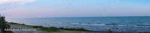 Panoramic beautiful seascape with cloud on a sunny day. panorama of the caspian sea summer vacation relax caspian sea