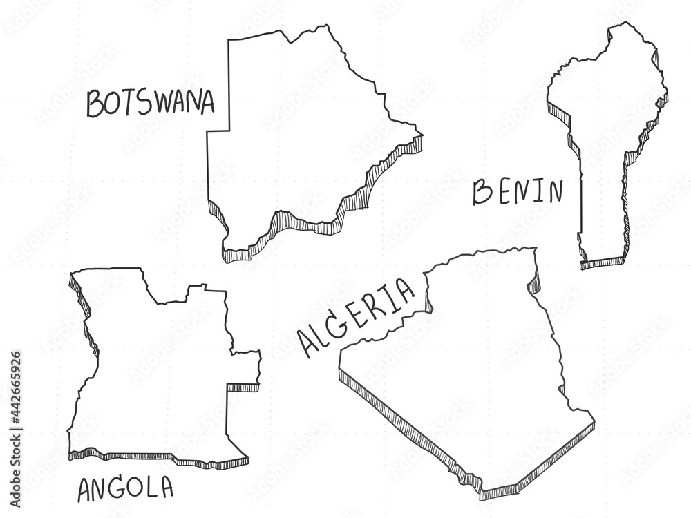 4 Africa 3D Map is composed Botswana, Benin, Algeria and Angola. All hand drawn on white background. 4 Africa 3D Map is composed Botswana, Benin, Algeria and Angola. All hand drawn on white background.