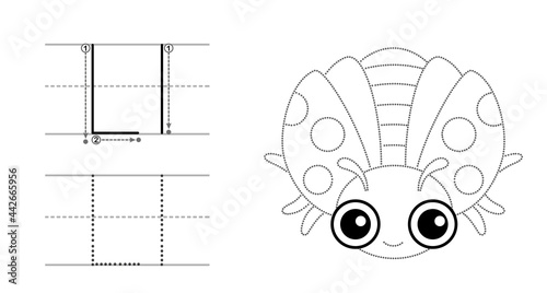 Trace the letter and picture and color it. Educational children tracing game. Coloring alphabet. Letter L and funny Ladybug