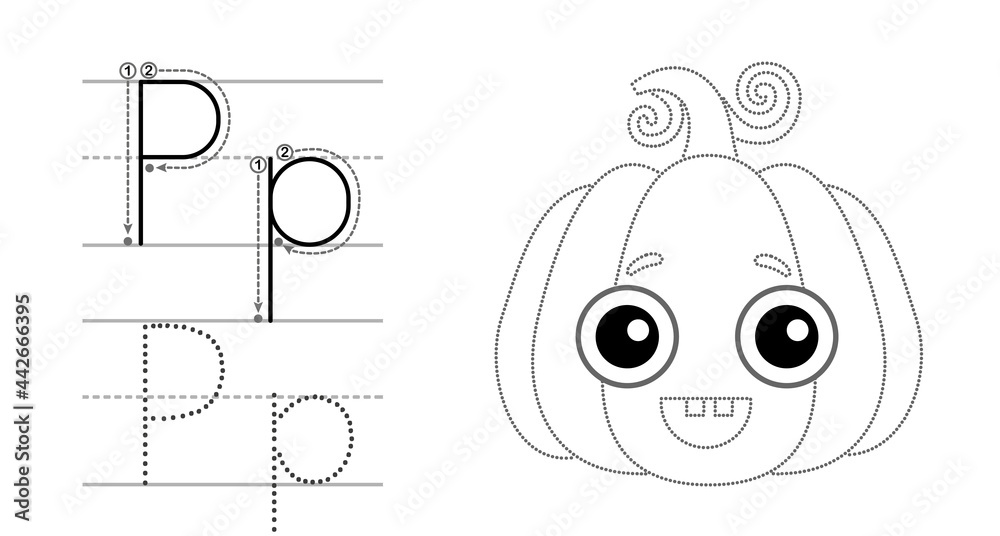 Trace the letter and picture and color it. Educational children tracing game. Coloring alphabet. Letter P and funny Pumpkin Trace the letter and picture and color it. Educational children tracing game. Coloring alphabet. Letter P and funny Pumpkin