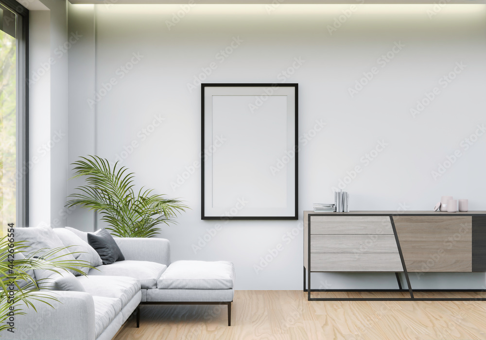 The living room is decorated with sofa and picture frames, 3D style