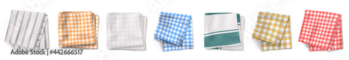 Kitchen towel or tablecloth top view. Folded textile with chequered and lined print. Picnic napkin, gingham cotton linen or plaid design isolated on white background, Realistic 3d vector illustration photo