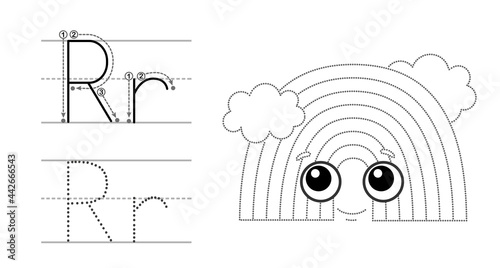 Trace the letter and picture and color it. Educational children tracing game. Coloring alphabet. Letter R and funny Rainbow