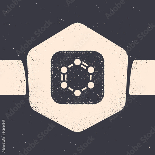 Grunge Chemical formula consisting of benzene rings icon isolated on grey background. Monochrome vintage drawing. Vector