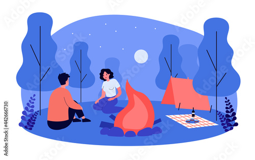 Cute couple having picnic date at campsite at night. Boyfriend and girlfriend sitting by campfire flat vector illustration. Camping, relationship, outdoor activity concept for banner, website design