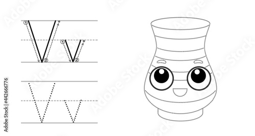Trace the letter and picture and color it. Educational children tracing game. Coloring alphabet. Letter V and funny Vase