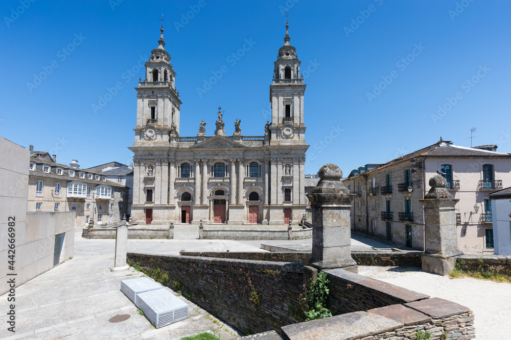 Scenic view of Church in Spain. Beautiful summer sunny look of old catholic cathedral.