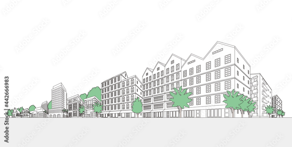 Obraz premium 街並みのベクターイラスト. 線画イラスト.
