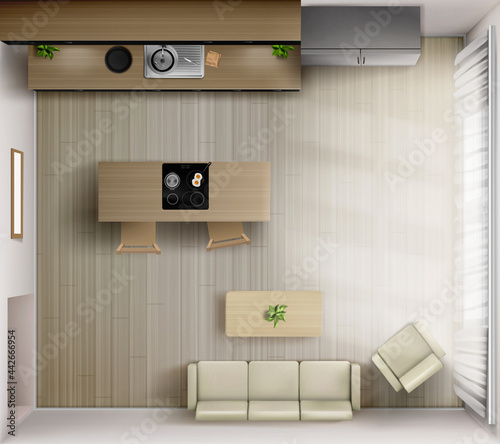 Studio room interior with kitchen top view. Sofa, armchair and coffee table, countertop with sink, dinner table with electric oven. Home, house, apartment with furniture. Realistic 3d vector render