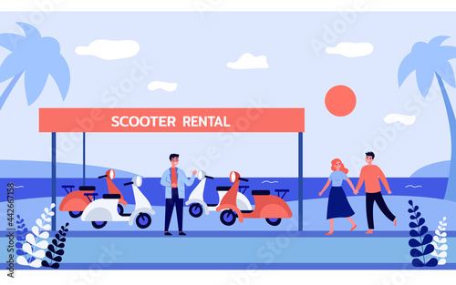 Cute couple renting scooter on beach. Salesman in front of scooter rental banner at seaside, man and woman holding hands flat vector illustration. Rental service, traveling concept for website design