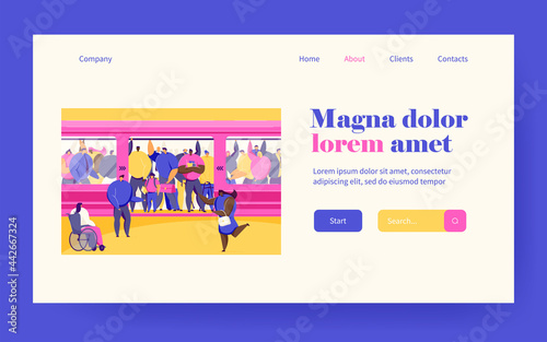Disabled woman squeezing into overcrowded train. Crowd of people in metro flat vector illustration. Overpopulation, rush hour, public transport concept for banner, website design or landing web page