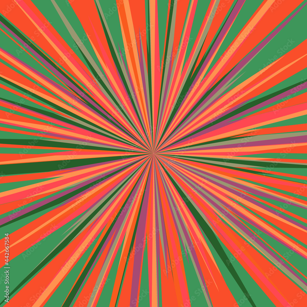 Fototapeta premium Pop art radial colorful comics book magazine cover. Striped red and green digital background. Cartoon funny retro pattern strip mock up. Vector halftone illustration. Sunburst, starburst shape