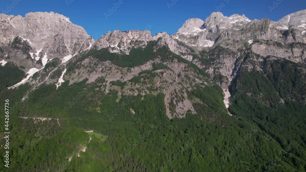 Mountains panorama in Albanian Alps, rocky slopes in white snow and wild forest trees Mountains panorama in Albanian Alps, rocky slopes in white snow and wild forest trees