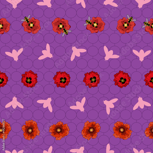 Seamless vector pattern poppies and bees on purple textured background design