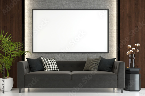 The living room is decorated with sofa and picture frames, 3D style