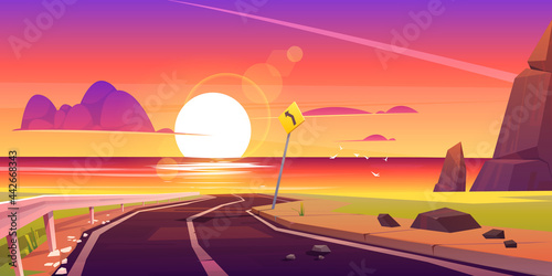 Road to sea beach sunset landscape. Mountain asphalt way with dusk seaview, curly empty highway with turn sign in rocky shore. Summer travel to ocean scenic background, Cartoon vector illustration