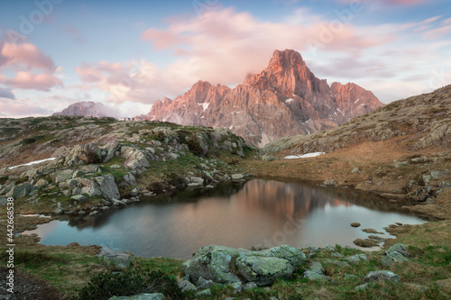 Panoramic morning view of beautiful lake in Dolomiti Alps, South Tyrol, Italy, Europe. Beautiful summer scenery. Magnificent summer view of mountain Lake. Beauty of nature concept background.