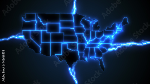 USA power grid - animation of blue lightning styled electrical arcs powering the United States of America, illustrating electrical energy generation, renewable sources of power and energy crisis