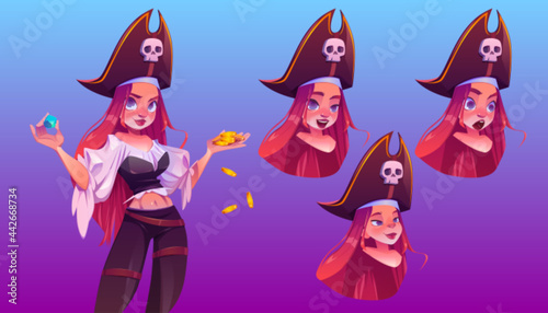 Pirate girl with treasure in hands different face expression cartoon set. Young woman in filibuster costume hold golden coins and gem, fantasy character avatar, emoji, Cartoon vector illustration