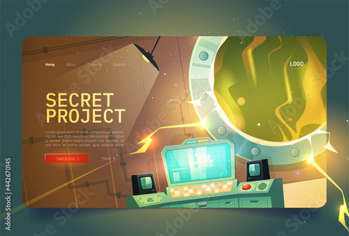 Secret project cartoon landing page. Underground bunker or scientific laboratory and glowing plasma in open vault door. Headquarters base control panel with screen and red button Vector web banner