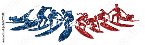 Group of  Surfer Action Surfing Sport Man and Woman Players Cartoon Graphic Vector