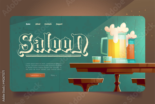 Cowboy saloon cartoon landing page, glass tankards with foamy beer and shots with alcohol drinks stand on wooden old style table in wild west tavern. Invitation to retro pub or bar Vector web banner