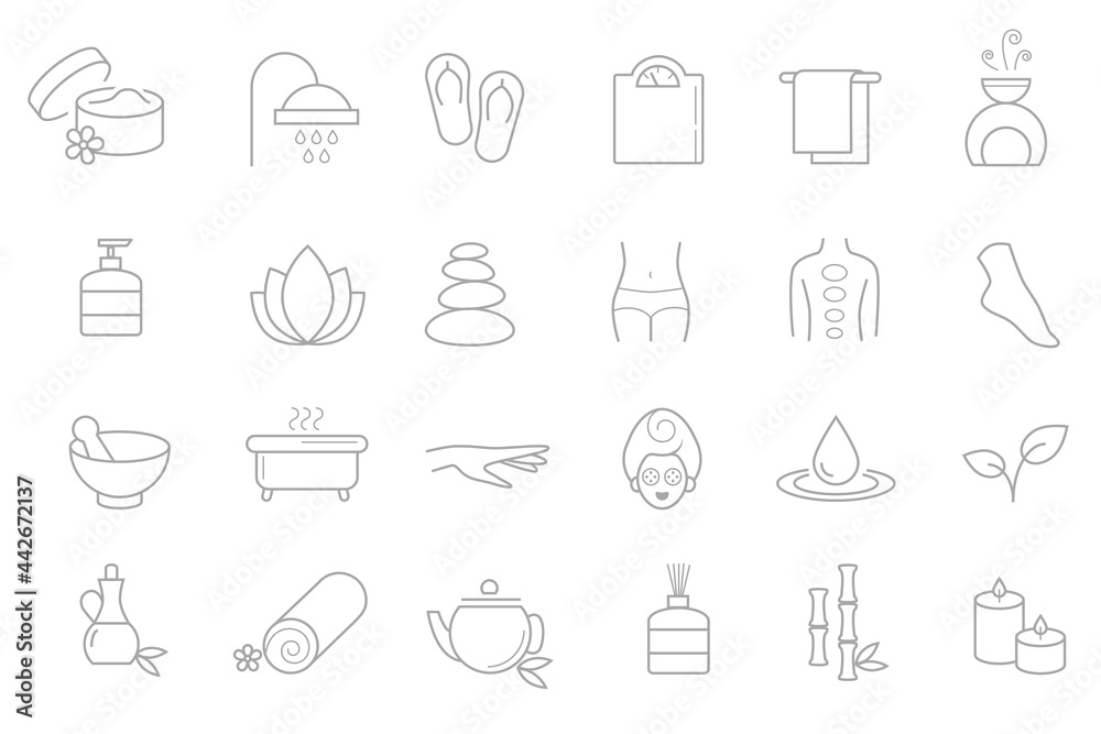 Collection of linear, modern style spa, wellness icons. Vector art.