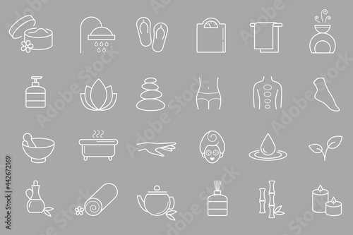 Collection of linear, modern style spa, wellness icons. Vector art.