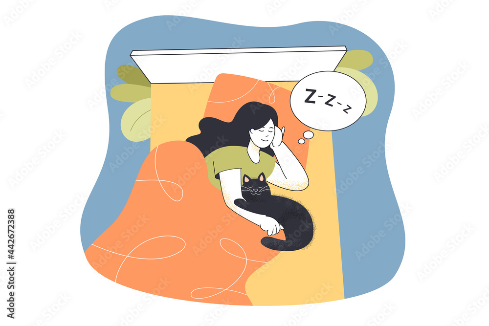 Cartoon girl sleeping with cat in bed. Flat vector illustration. Young