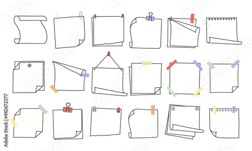 Doodle hand drawn memo notes and reminders vector illustration set. Simple drawing doodle style sketches of square paper sheets with curved corners cute diary design with clip, pins and duct tape.