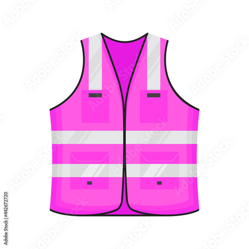 Safety reflective vest icon sign flat style design vector illustration. Pink colored fluorescent security safety work jacket reflective stripes. Front view road uniform vest isolated white background.