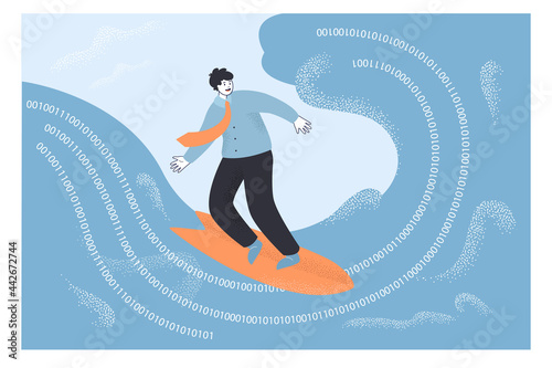 Businessman surfing on Internet wave. Flat vector illustration. Man exploring virtual world with binary codes and numbers. Digital, challenge, Internet, technology, surfing concept for banner design