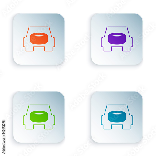 Color Spare wheel in the car icon isolated on white background. Process of replacing the wheel. Storage location of the spare wheel in the trunk. Set colorful icons in square buttons. Vector