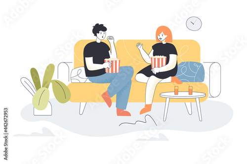 Young family couple watching TV together. Flat vector illustration. Man and woman sitting on couch together, eating popcorn, watching movie in evening time. Comfort, family, house, love concept
