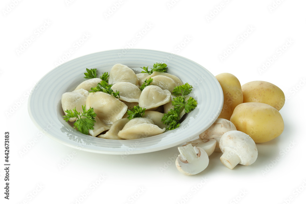 Concept of tasty food with vareniki or pierogi isolated on white background Concept of tasty food with vareniki or pierogi isolated on white background