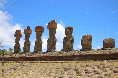 Moai at Ahu Nau Nau on Easter Island, Chile