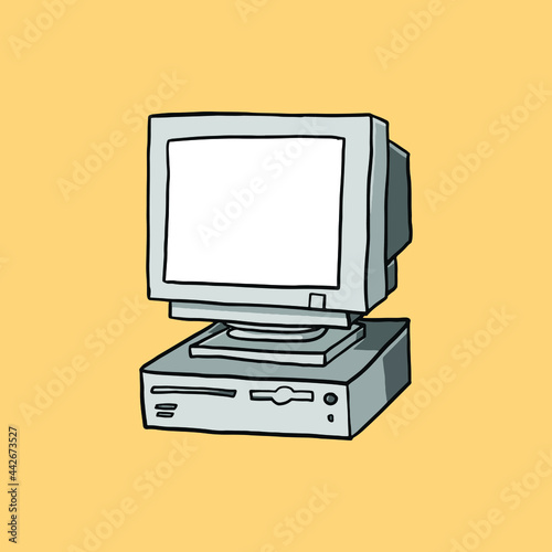 old computer illustration in a cartoon on a yellow background. early computer model icon. desktop monitor doodle in vector graphic.